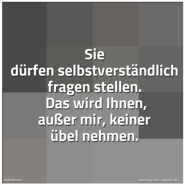 Quadratisches Spruchbild: Sie dürfen selbstverständlich fragen stellen.  Das wird Ihnen, außer mir, keiner übel nehm …