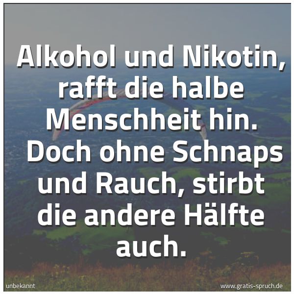Quadratisches Spruchbild: Alkohol und Nikotin, rafft die halbe Menschheit hin.  Doch ohne Schnaps und Rauch, stirbt  …