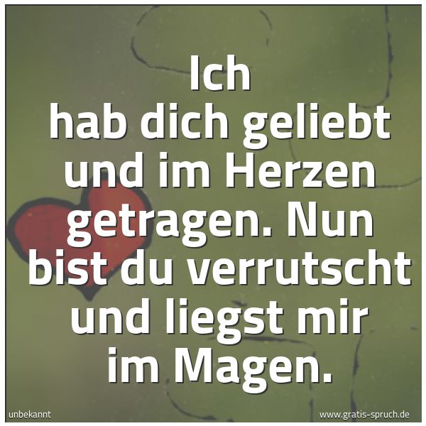 Quadratisches Spruchbild: Ich hab dich geliebt und im Herzen getragen. Nun bist du verrutscht und liegst mir im Mage …