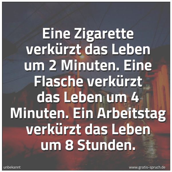 Quadratisches Spruchbild: Eine Zigarette verkürzt das Leben um 2 Minuten. Eine Flasche verkürzt das Leben um 4 Minut …