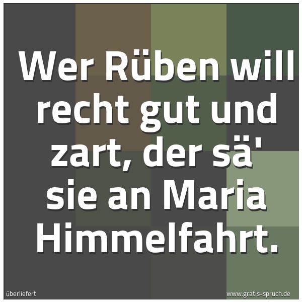 Quadratisches Spruchbild: Wer Rüben will recht gut und zart, der sä' sie an Maria Himmelfahrt.