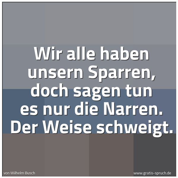 Quadratisches Spruchbild: Wir alle haben unsern Sparren, doch sagen tun es nur die Narren. Der Weise schweigt.
