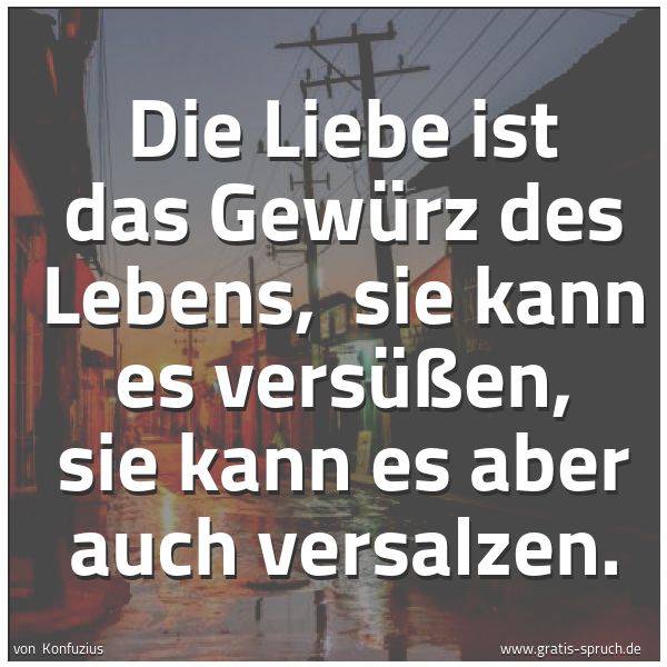 Quadratisches Spruchbild: Die Liebe ist das Gewürz des Lebens,  sie kann es versüßen, sie kann es aber auch versalze …