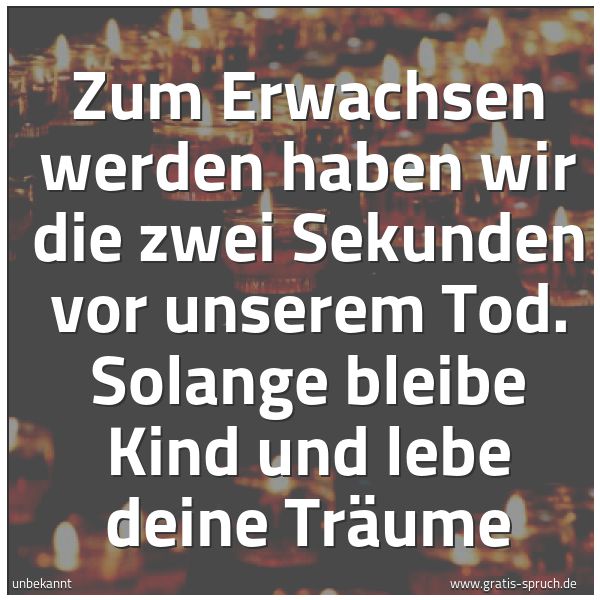 Quadratisches Spruchbild: Zum Erwachsen werden haben wir die zwei Sekunden vor unserem Tod. Solange bleibe Kind und  …