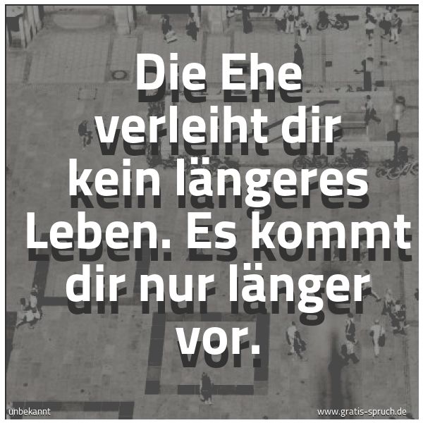 Quadratisches Spruchbild: Die Ehe verleiht dir kein längeres Leben. Es kommt dir nur länger vor.