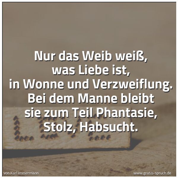 Quadratisches Spruchbild: Nur das Weib weiß, was Liebe ist, in Wonne und Verzweiflung. Bei dem Manne bleibt sie zum  …