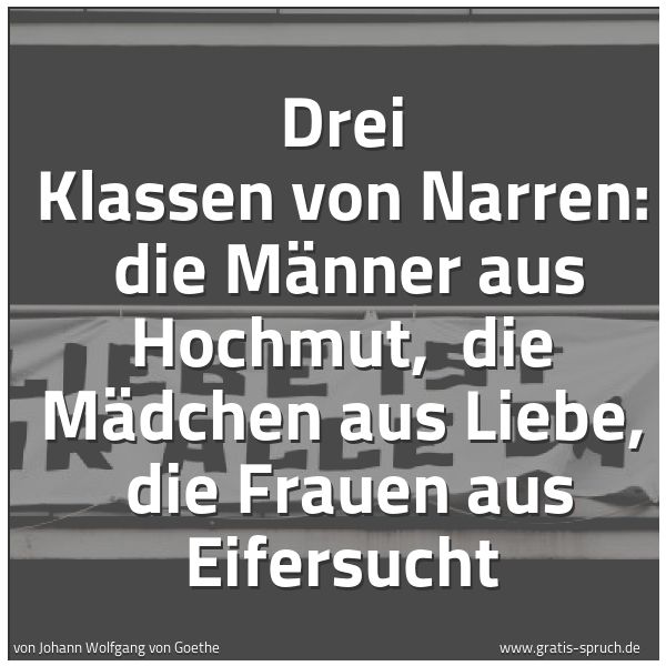 Quadratisches Spruchbild: Drei Klassen von Narren:  die Männer aus Hochmut,  die Mädchen aus Liebe,  die Frauen aus  …