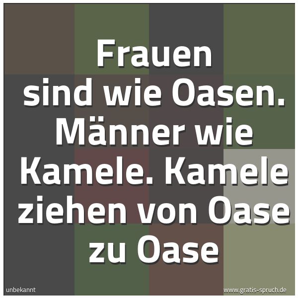 Quadratisches Spruchbild: Frauen sind wie Oasen. Männer wie Kamele. Kamele ziehen von Oase zu Oase