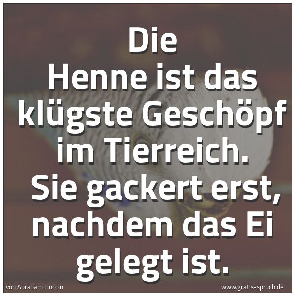 Quadratisches Spruchbild: Die Henne ist das klügste Geschöpf im Tierreich.  Sie gackert erst, nachdem das Ei gelegt  …