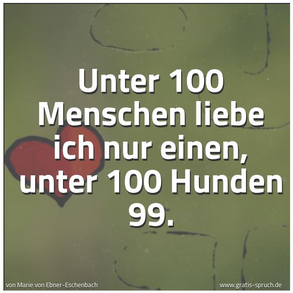 Quadratisches Spruchbild: Unter 100 Menschen liebe ich nur einen, unter 100 Hunden 99.