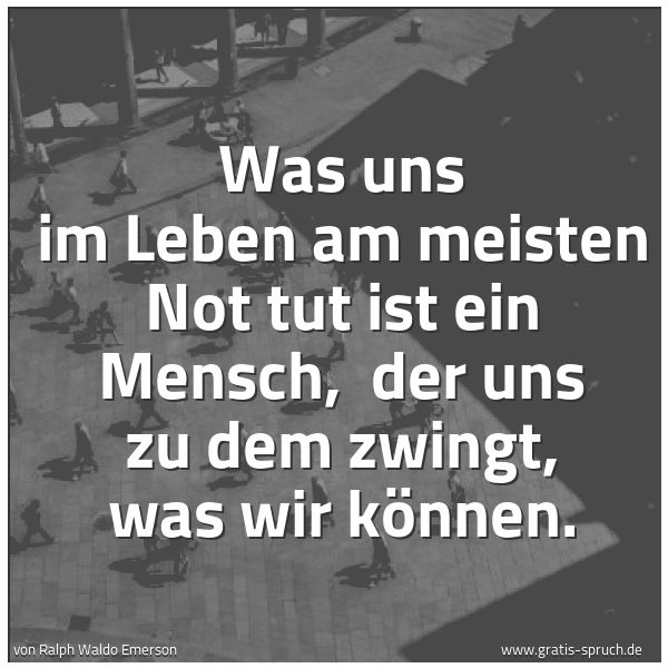 Quadratisches Spruchbild: Was uns im Leben am meisten Not tut ist ein Mensch,  der uns zu dem zwingt, was wir können …