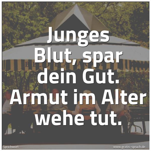 Quadratisches Spruchbild: Junges Blut, spar dein Gut. Armut im Alter wehe tut.